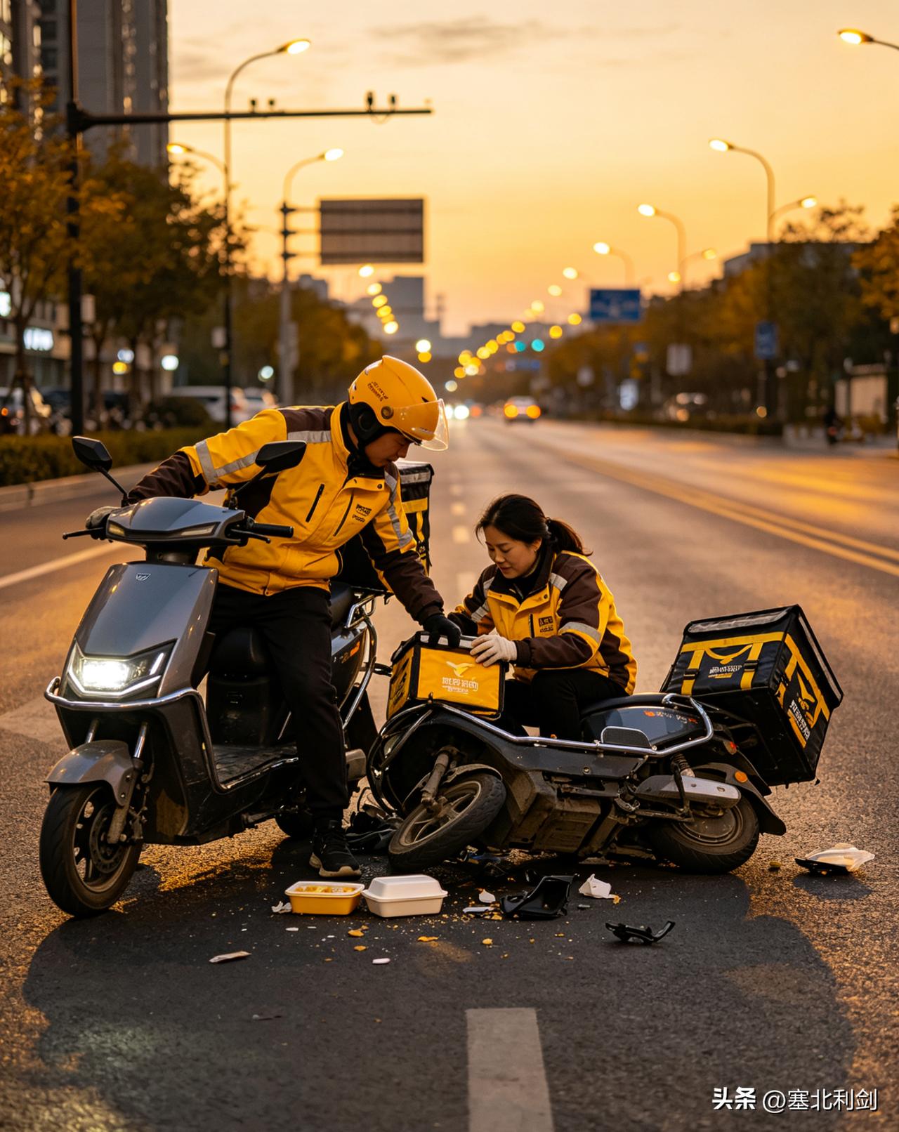 在宣化步行街，两个送外卖的堆在了一起，他们都是骑电动车向北行驶（同向行驶），前边