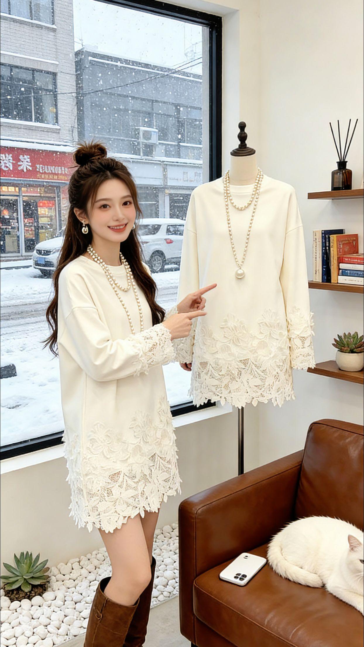 Danny雪天宅家撸猫时，换上这件蕾丝拼接T恤，加绒内里暖得刚好；约会逛欧式餐厅