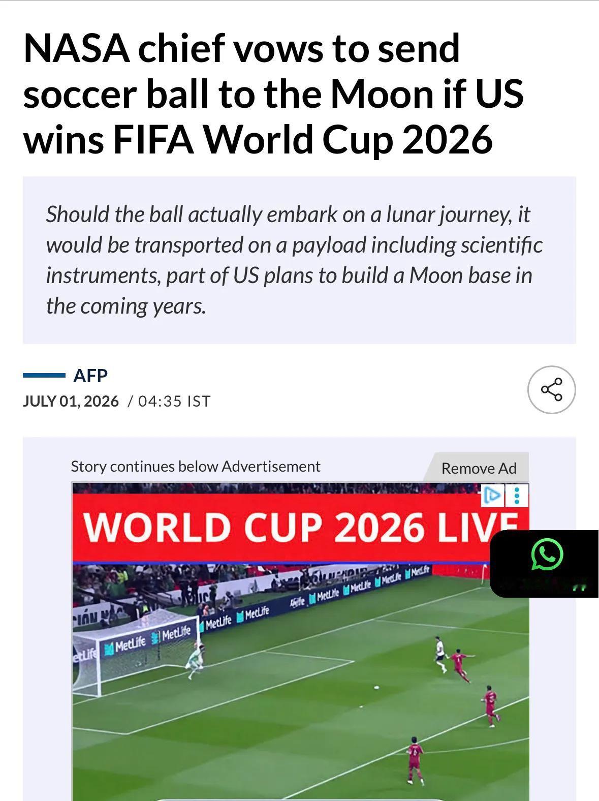 NASA承诺：美国队若夺2026世界杯冠军，将送个足球上月球！

就这？

美国