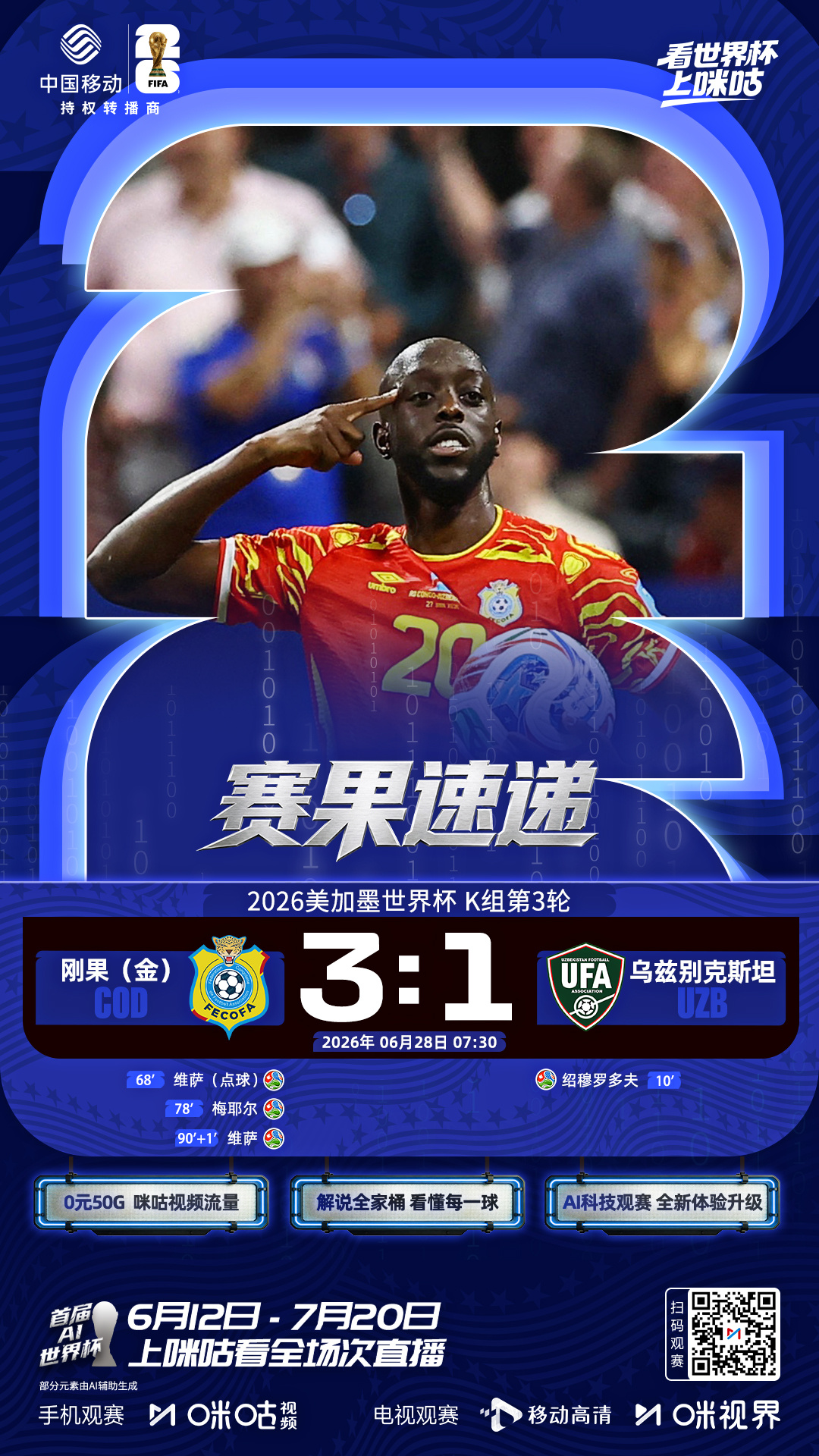🏆美加墨世界杯K组第3轮🆚哥伦比亚0:0葡萄牙携手晋级🆚刚果（金）3:1乌