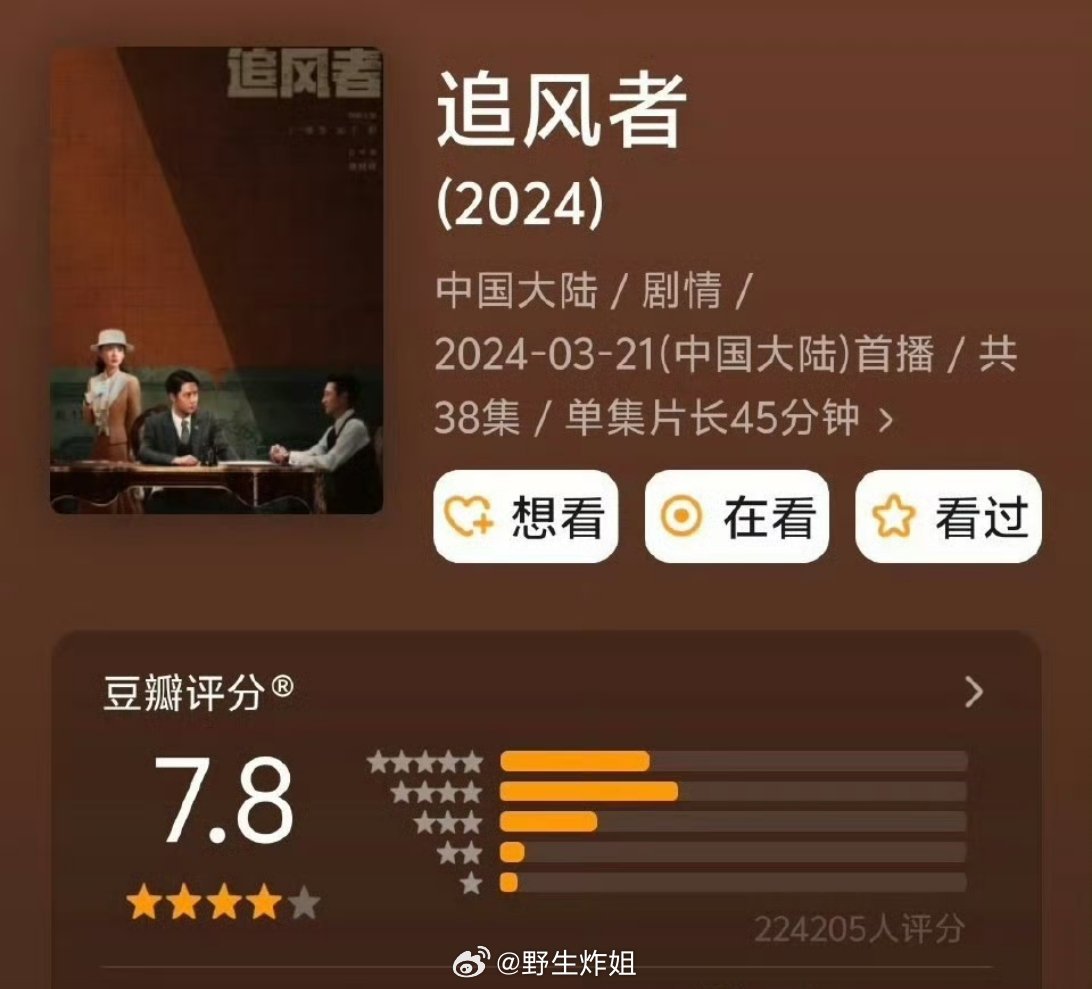 王一博主演的《追风者》又要开始上星播出了呢，之前的db开分是7.8分，王一博也一