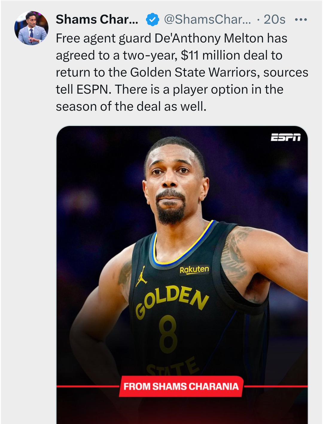 ➡什么？还是贼心不死？金州勇士nba吐槽大会金州勇士Shams：梅尔顿两年110