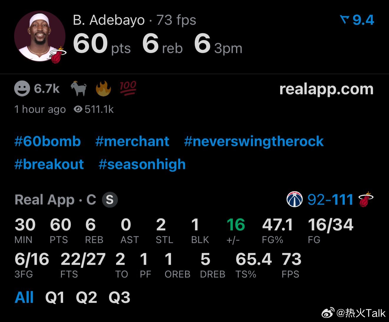 60分先生！！！！热火单场得分纪录是詹姆斯的61分，打破历史就在今晚！！！詹姆斯
