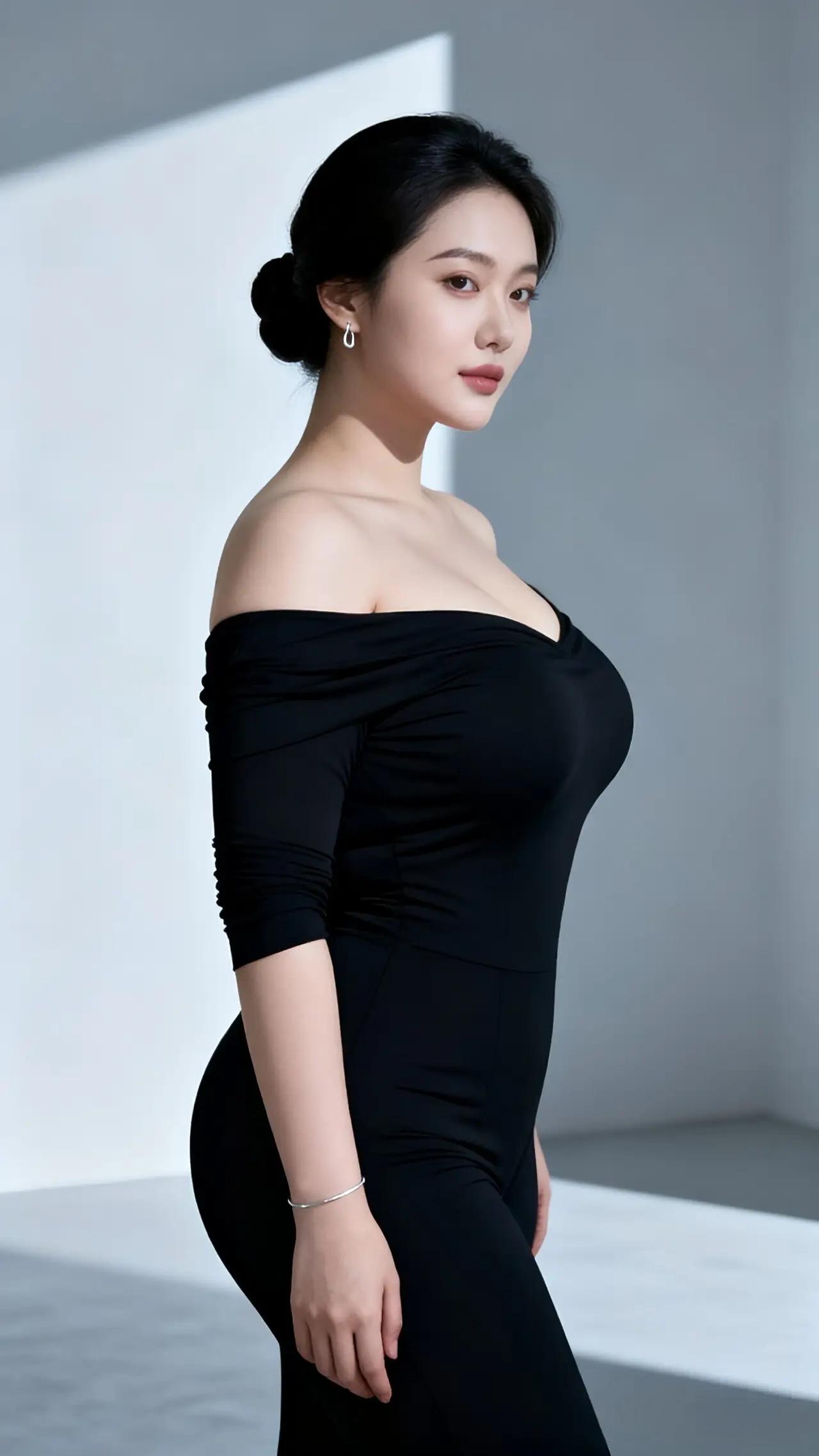 图中展示的是一位身着黑色露肩长裙的女性。她将深色头发盘成发髻，佩戴着简约的耳环和