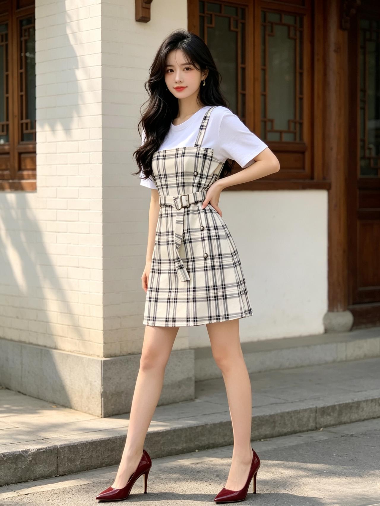 女孩子怎么穿搭既时尚又好看?格子背带裙配小白T，俏皮又减龄！漫步古巷，阳光洒下，