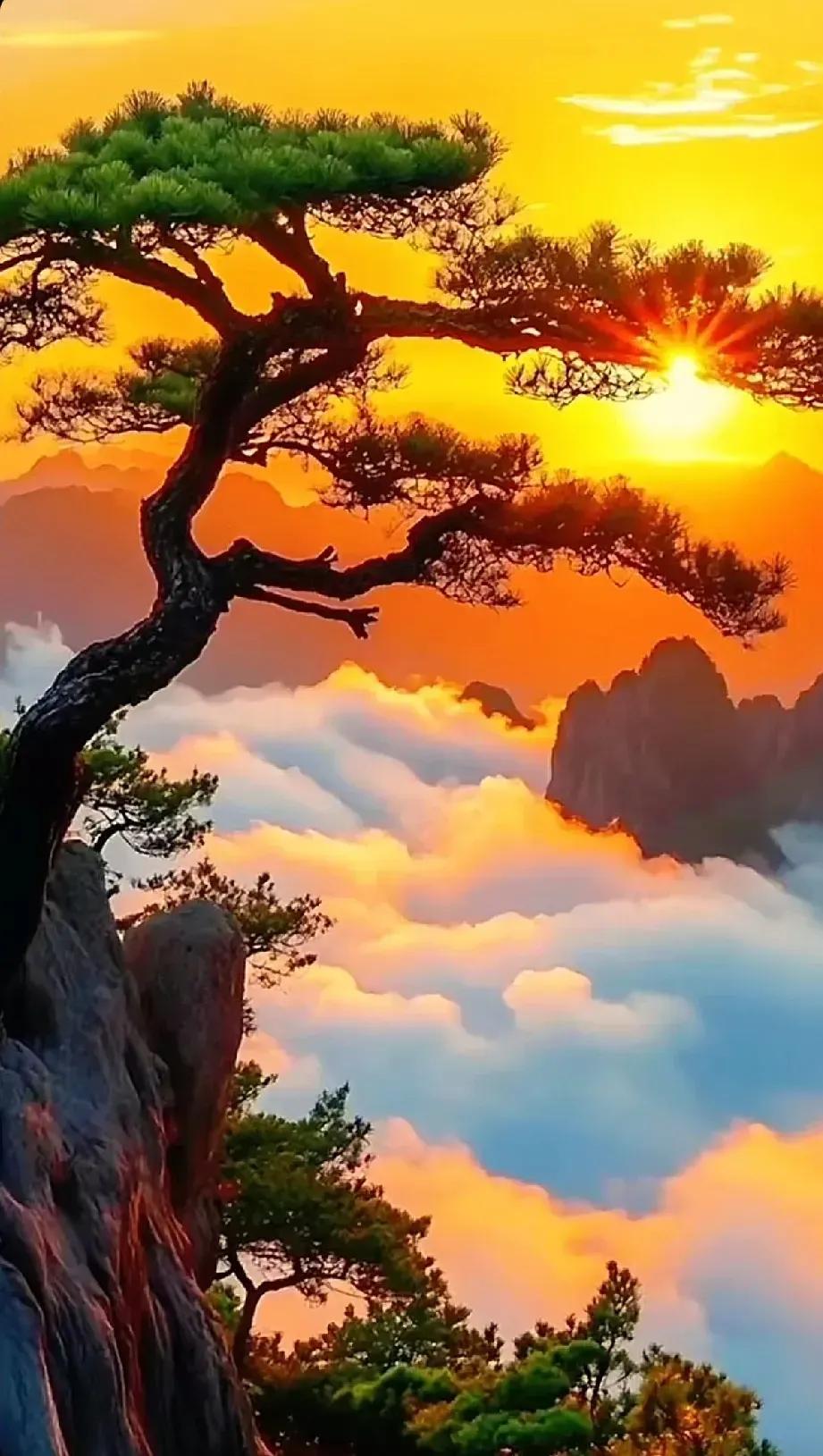 云海日出，悬崖上的松树，美不胜收！🌅🌳🌊#云雾中的迎客松# #奇特山峰美景