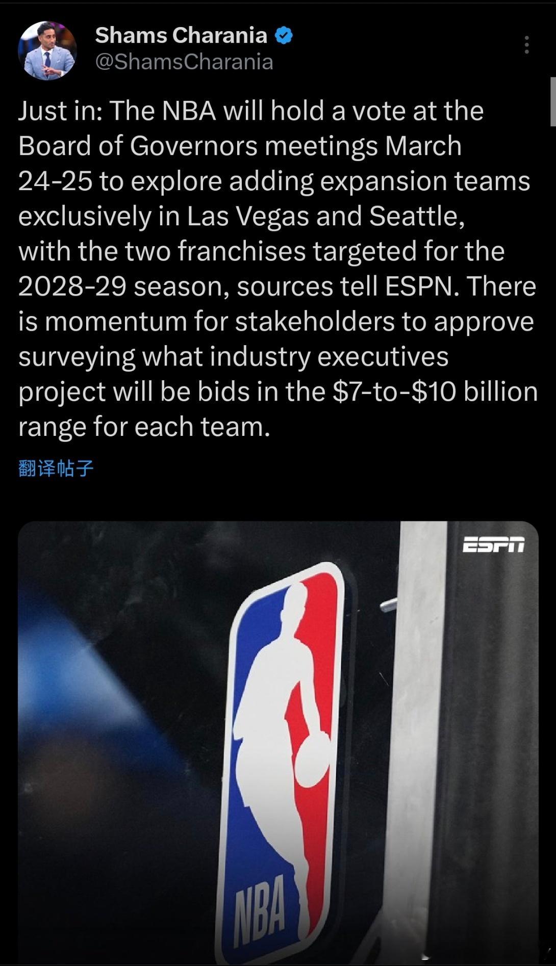 Shams：NBA将于3月25日至26日召开理事会会议，就增设拉斯维加斯和西雅图
