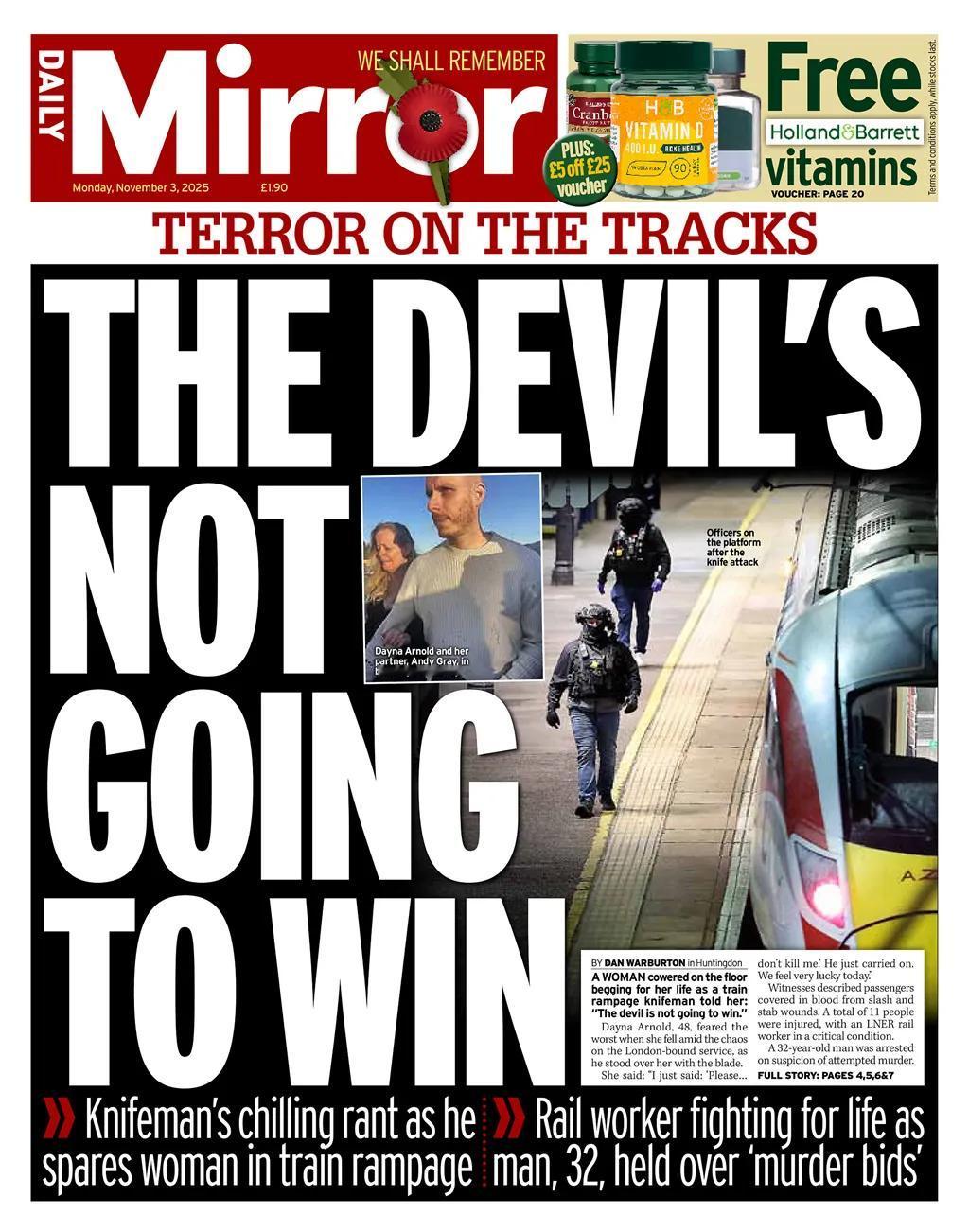 根据《每日镜报》，在英国一次大规模持刀袭击高铁乘客事件中，乘坐高速列车的黛娜·阿