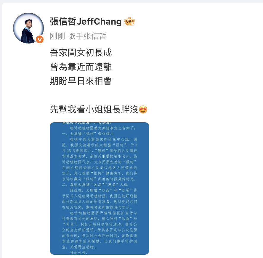 谁还不知道 张信哲有一只大熊猫女儿  ！大熊猫冰晶入驻临沂动物园， 发文分享感受
