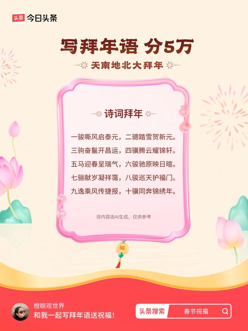 写拜年语送祝福新春拜年送祝福！我的祝福是：“一骏嘶风启泰元，二骢踏雪贺新元。三驹