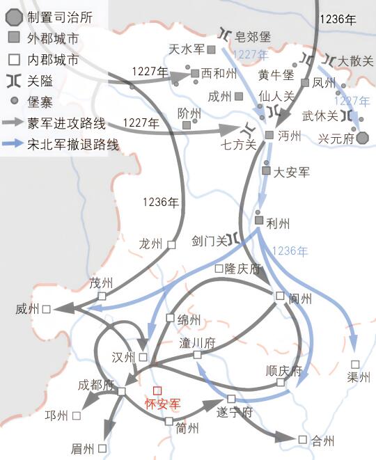 蒙古军两次攻伐南宋川陕防线路线图