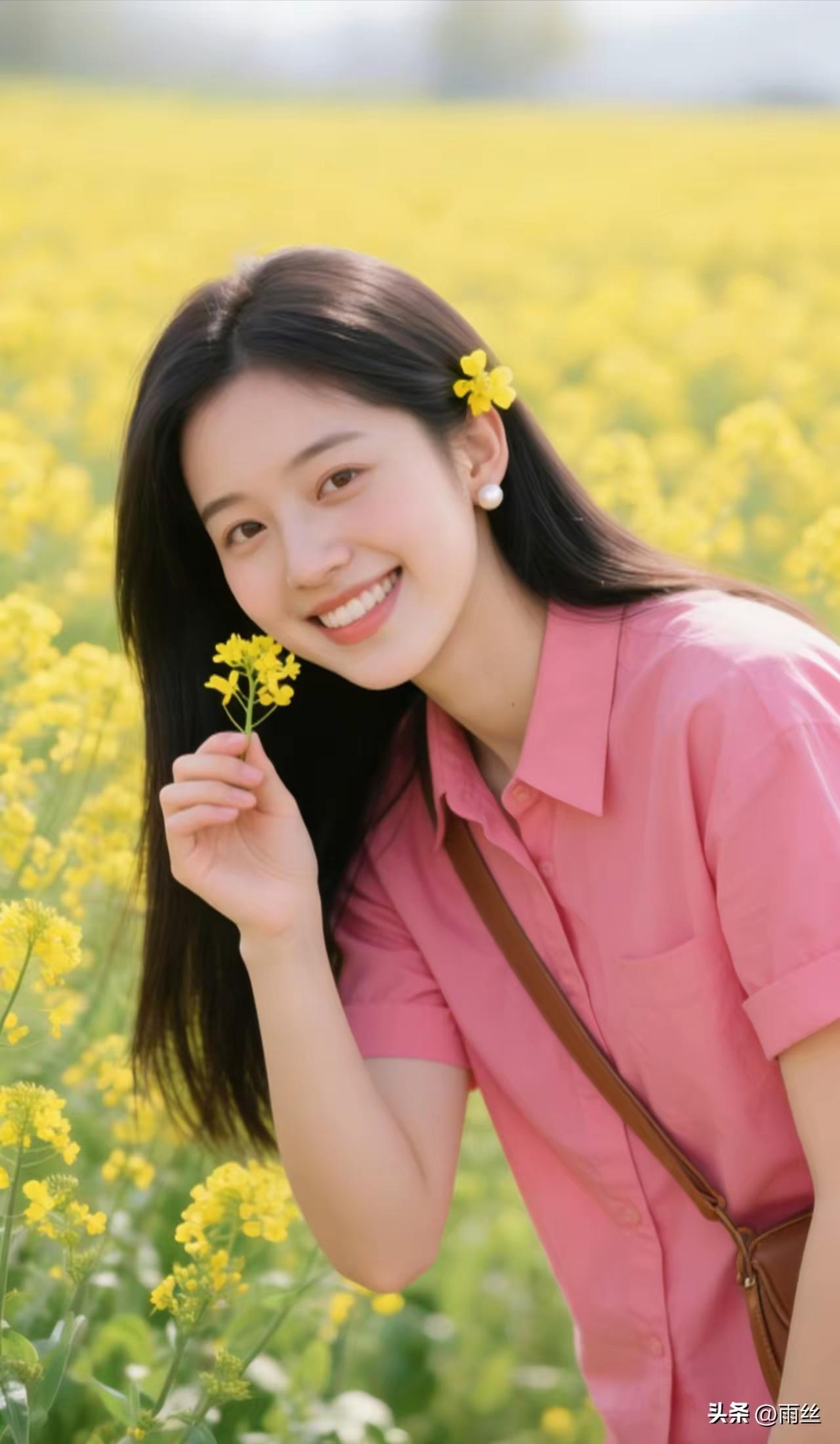 塞鸿秋·菜田寻春
金畴漫卷晴光灿，
粉衫轻曳春风软。
黄花斜插鬓云畔，
笑融春色