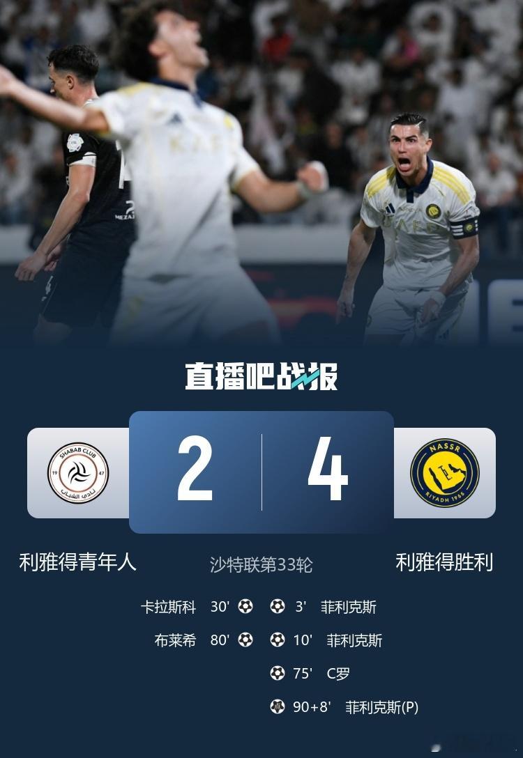 利雅得青年2比4利雅得胜利2025-26赛季沙特联第33轮一场比赛提前进行，在利