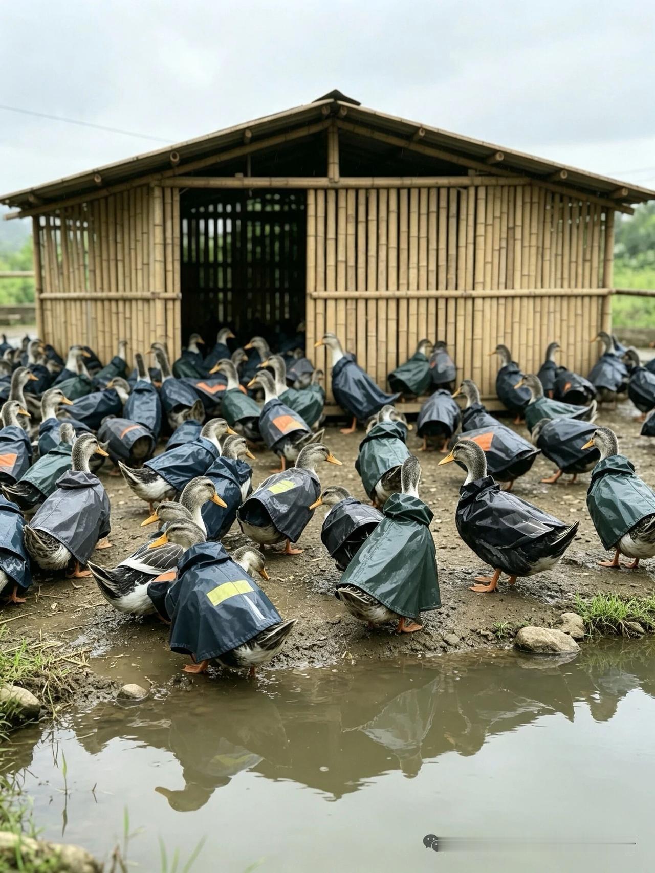 小雨衣，让老板少亏上万块
老板说，雨下久了，鸭子羽毛的防水层会被雨水破坏，浑身湿