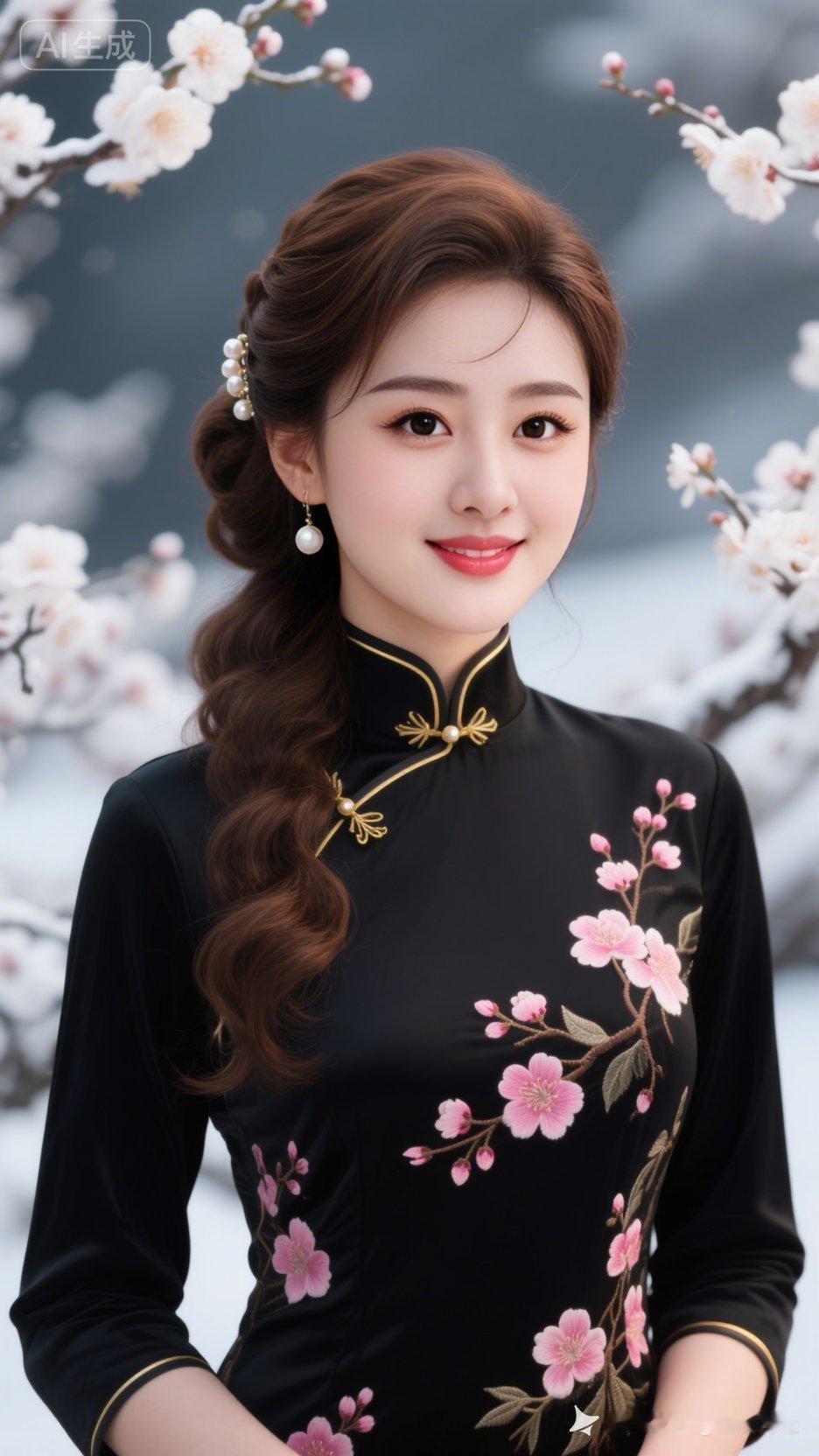 樱花树下，黑纱旗袍，优雅动人！
