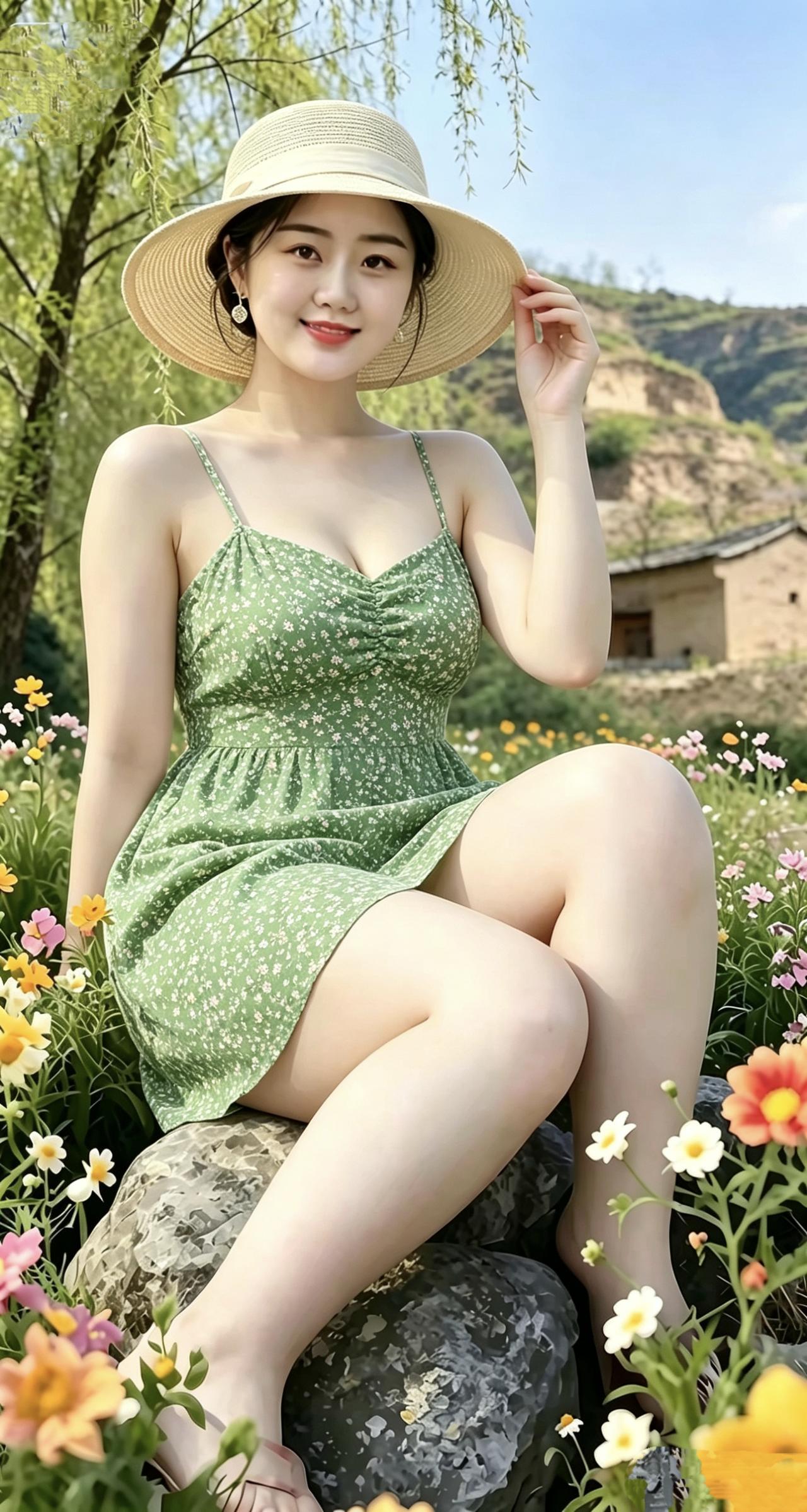 《春日闲坐》
 
草帽轻覆着晴光，
绿裙漫开碎花的春。
你倚着青石而坐，
笑里盛