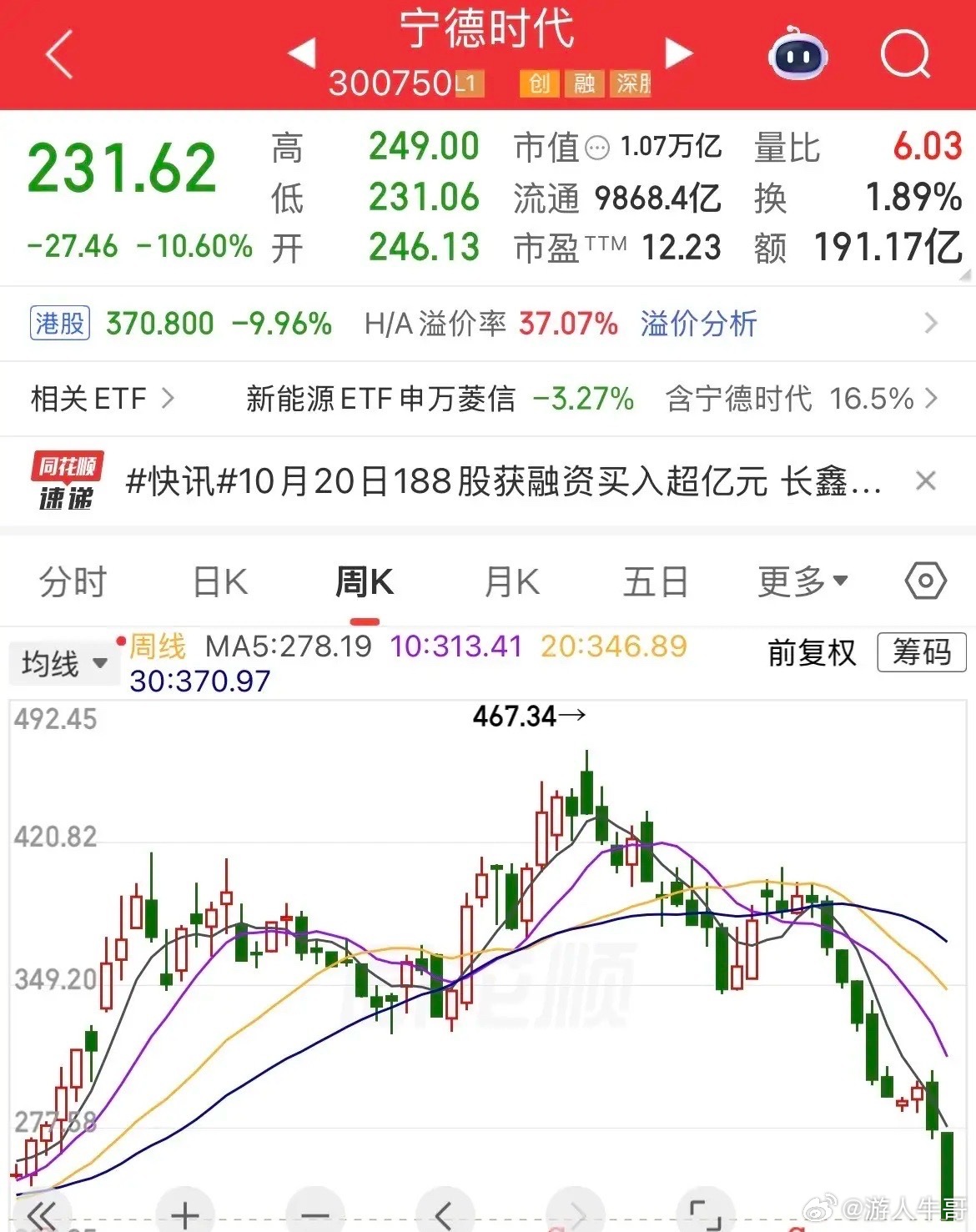 宁德时代股价重挫10.6%，股价直接腰斩了，最高467元，现在只有231元了，5