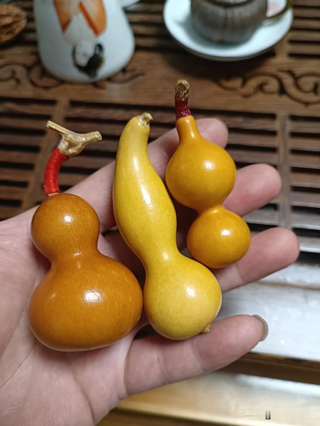今天晒葫芦！
这是我最钟意的几把葫芦了，小美葫芦，本捻葫芦，京嘴倒福葫芦，感觉每