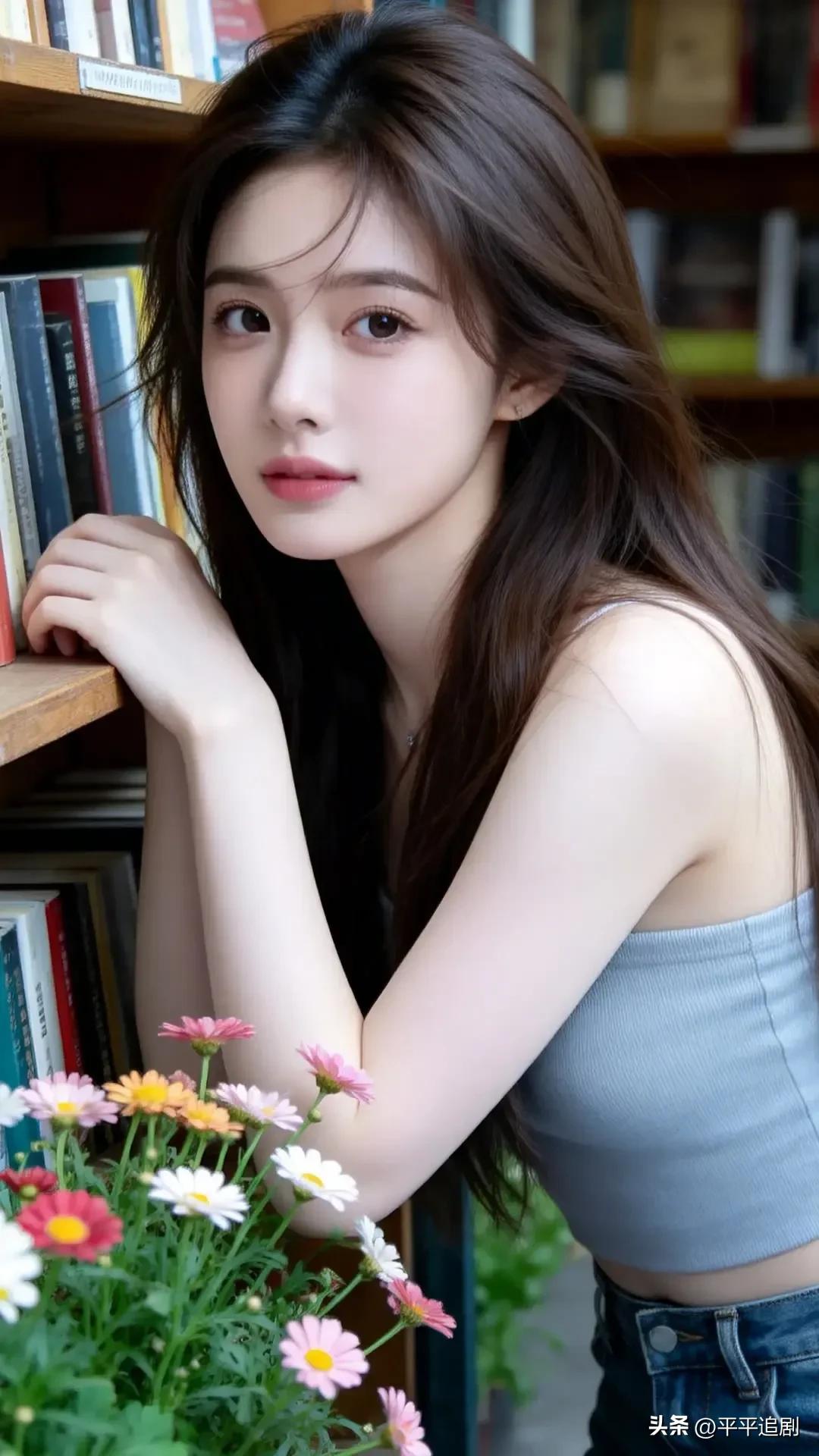 成熟稳重的美女你喜欢吗?
书架旁的风带着墨香，小雏菊在脚边轻晃。
浅蓝吊带衬得眉