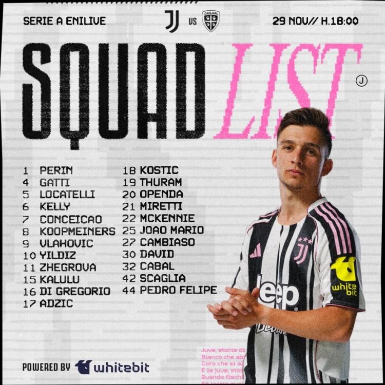 意甲第13轮斑马军团主场对阵卡利亚里23人大名单。喵哥回归。
Forza Juv