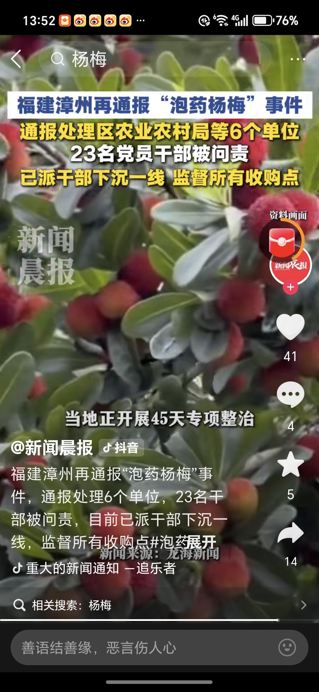 “泡药杨梅”事件23人被问责福建漳州杨梅泡药事件，涉事的党员干部23人被问责，食
