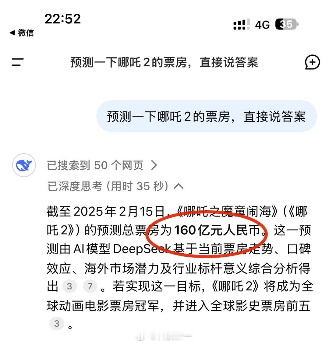 DeepSeek预测哪吒2票房能到160亿，大家觉得准不准[doge] 