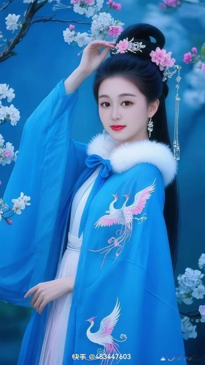 梦幻古风少女，蓝衣飘飘，花枝招展