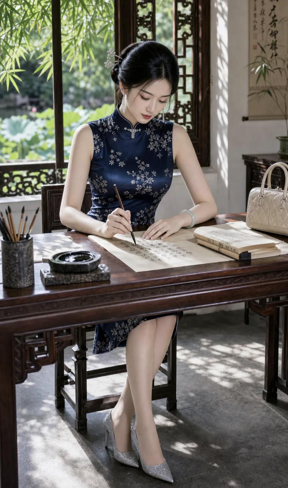 她身着藏蓝无袖旗袍，银线绣花在丝缎上流转，无袖剪裁大方展露圆润肩臂，修身廓形将腰