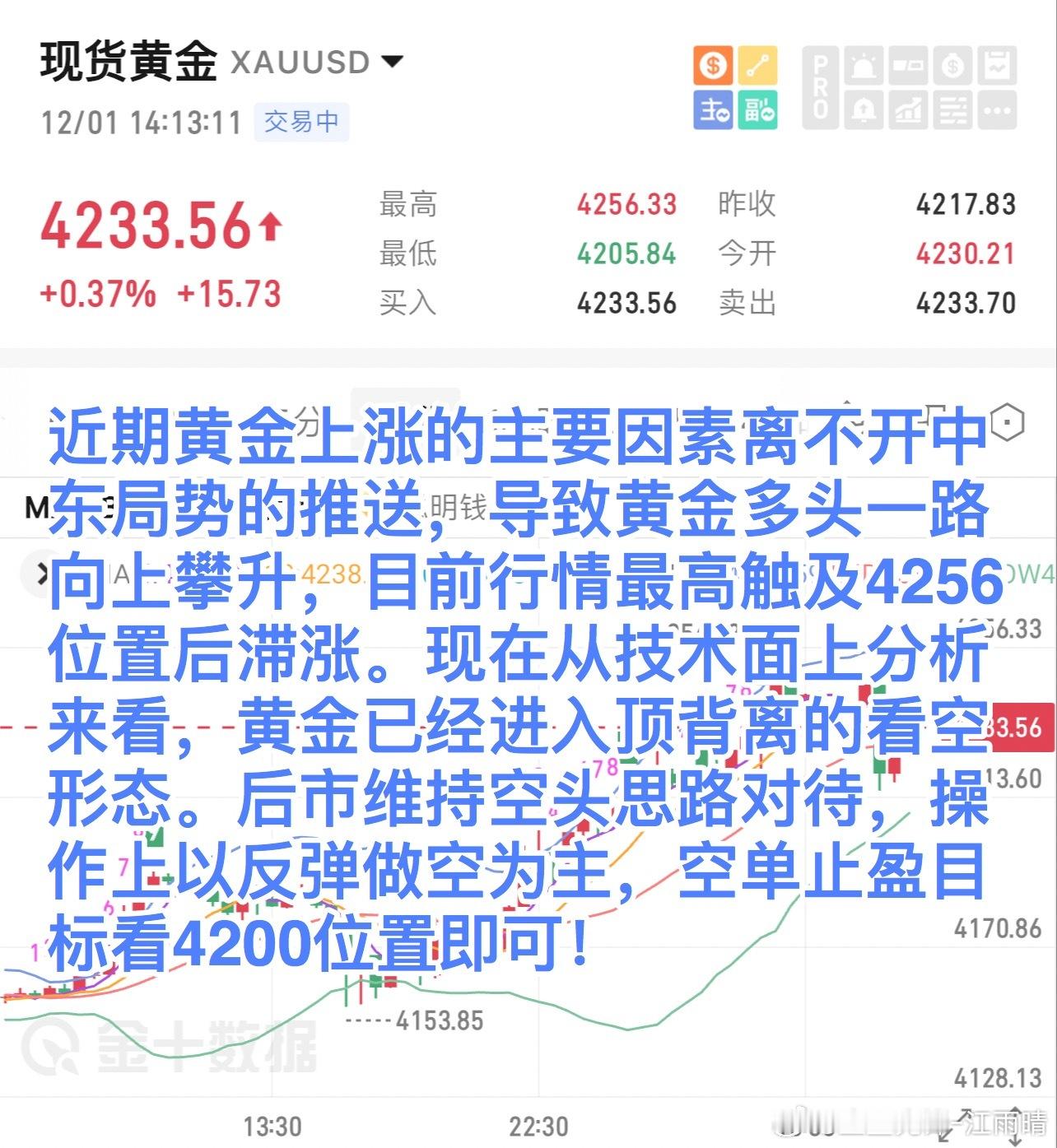 近期黄金上涨的主要因素离不开中东局势的推送，导致黄金多头一路向上攀升，目前行情最