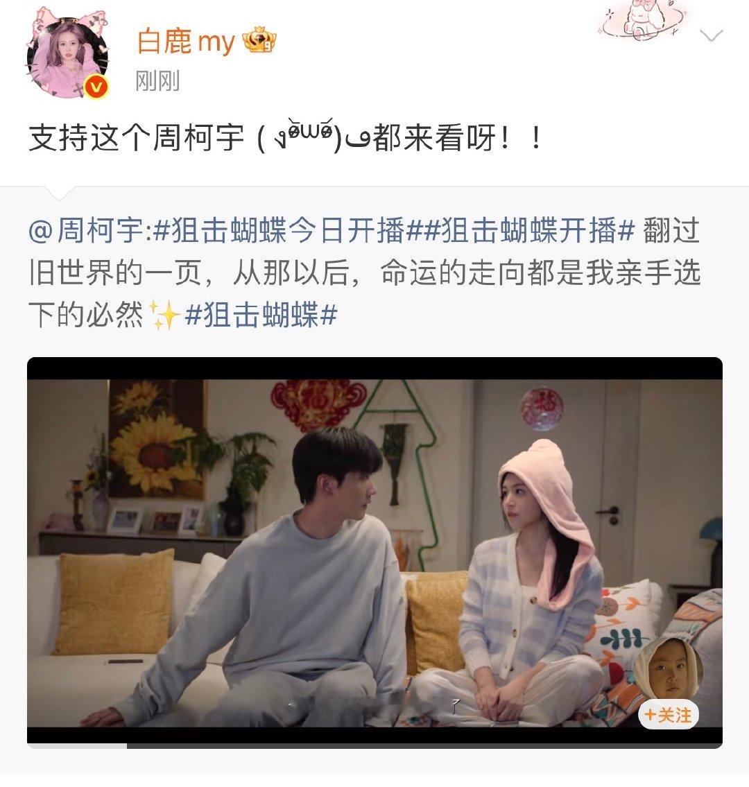 白鹿转发周柯宇周柯宇人脉 白鹿转发周柯宇，期待新剧 