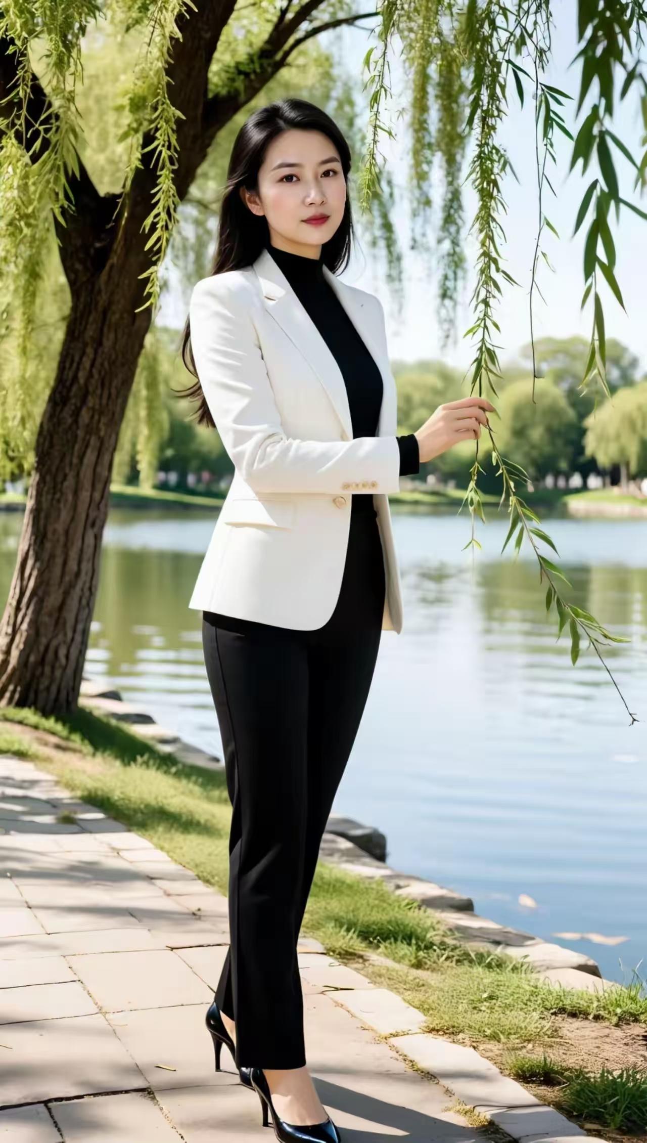 塞鸿秋·职场雅姿
白衣挺括英姿显，
玄衫内敛风情敛。
纤丝轻点流光闪，
高跟碎钻