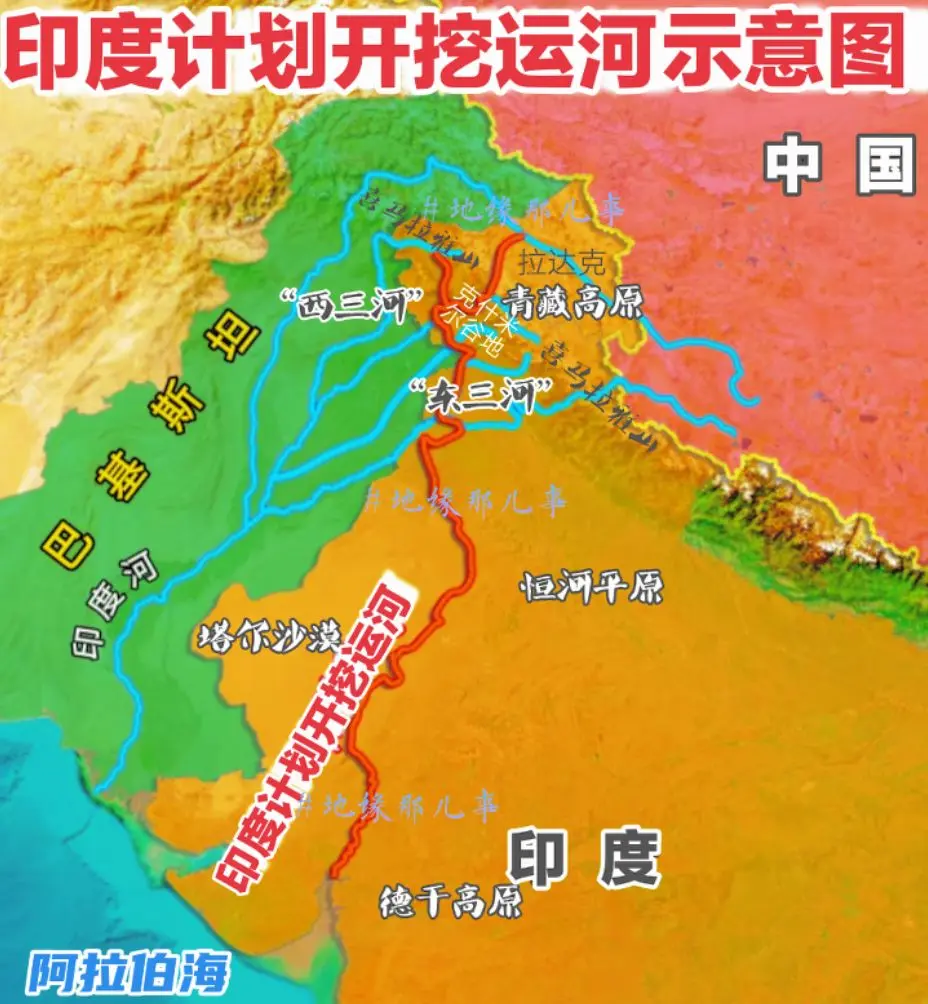 印度计划开挖运河示意图  印度计划将西三河与东三河水源用开挖运河的方式...