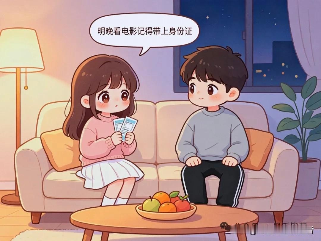 趣味小漫画：女友：明晚看电影记得带上身份证。男友：哈哈，你个笨蛋，看电影不用身份