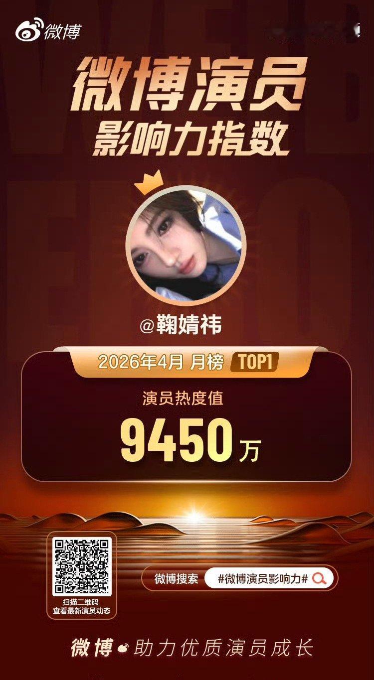 鞠婧祎微博开屏 四月演员热度值top1️⃣恭喜小鞠露芜衣，一开屏就被美颜大大震撼
