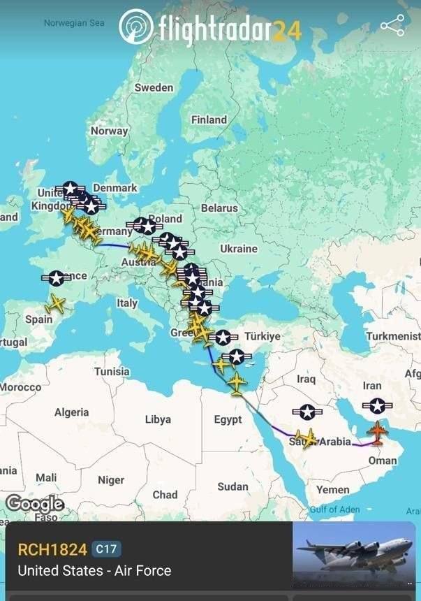大量美军C-17运输机持续飞往美国和以色列在该地区的基地，可能是为了补充弹药供应