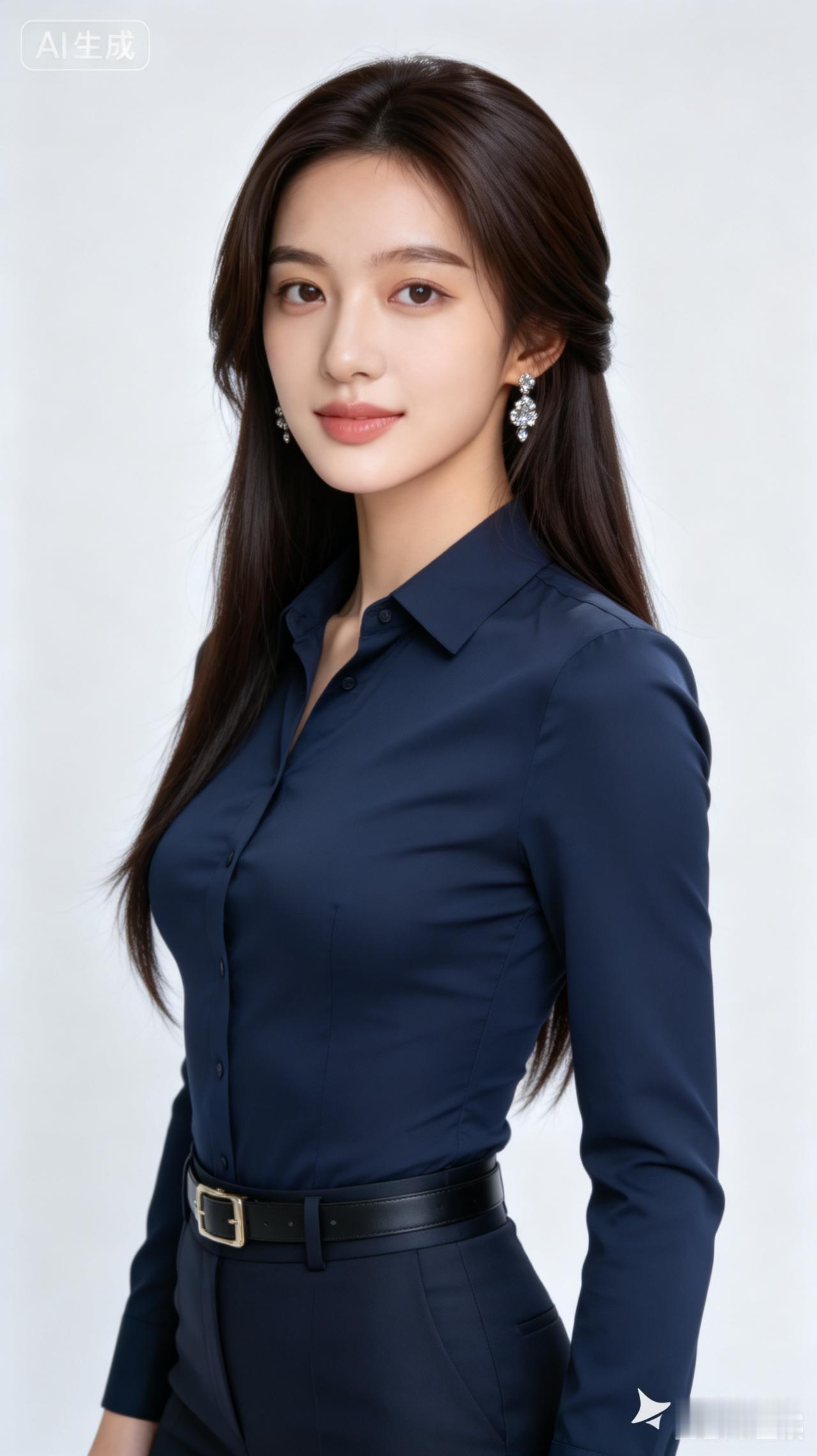 优雅职场风，深蓝衬衫+黑色腰带，气质满分！💼✨