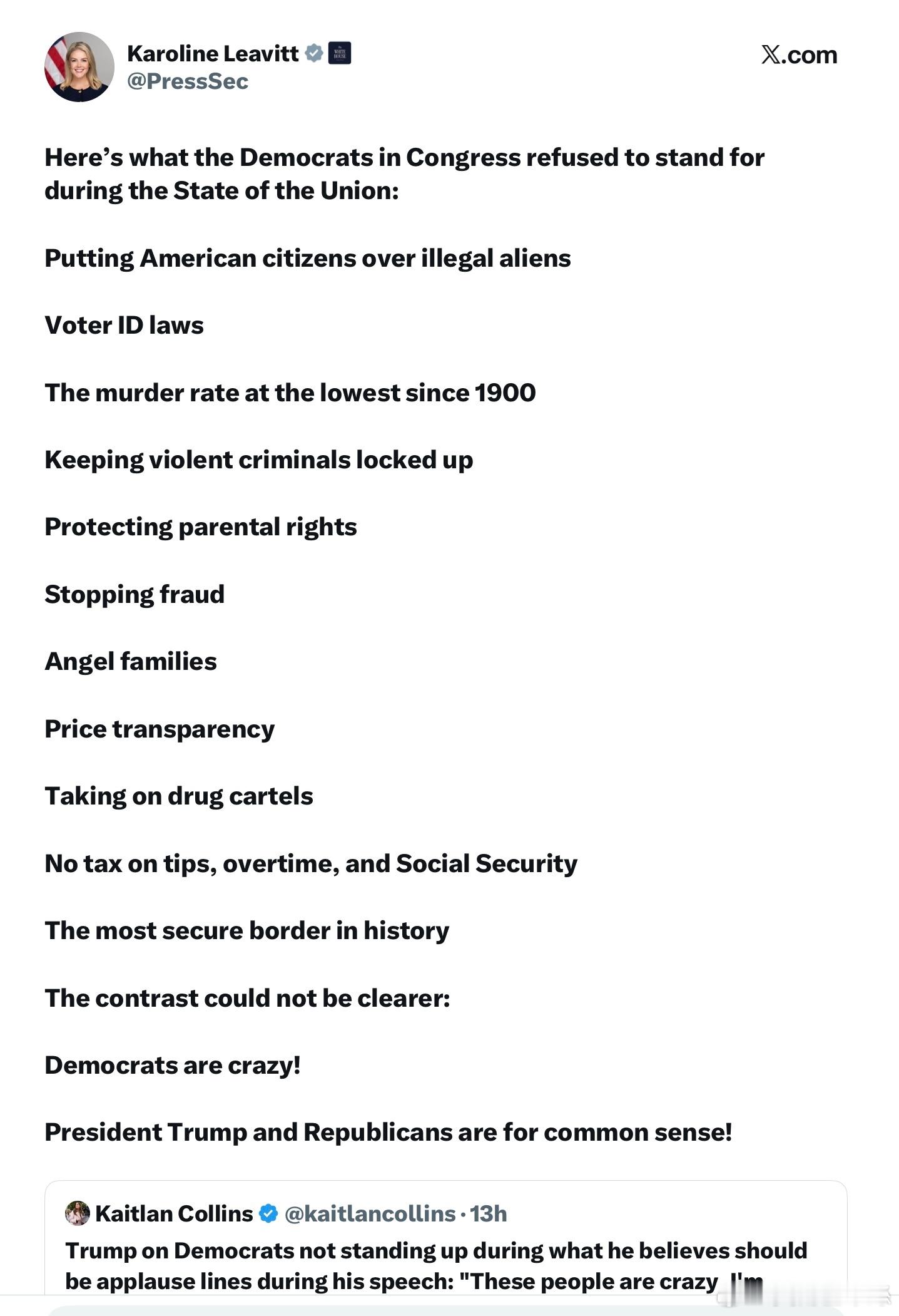 以下是國會民主黨人在國情咨文中拒絕支持的事項：優先保障美國公民的權益，而不是優先