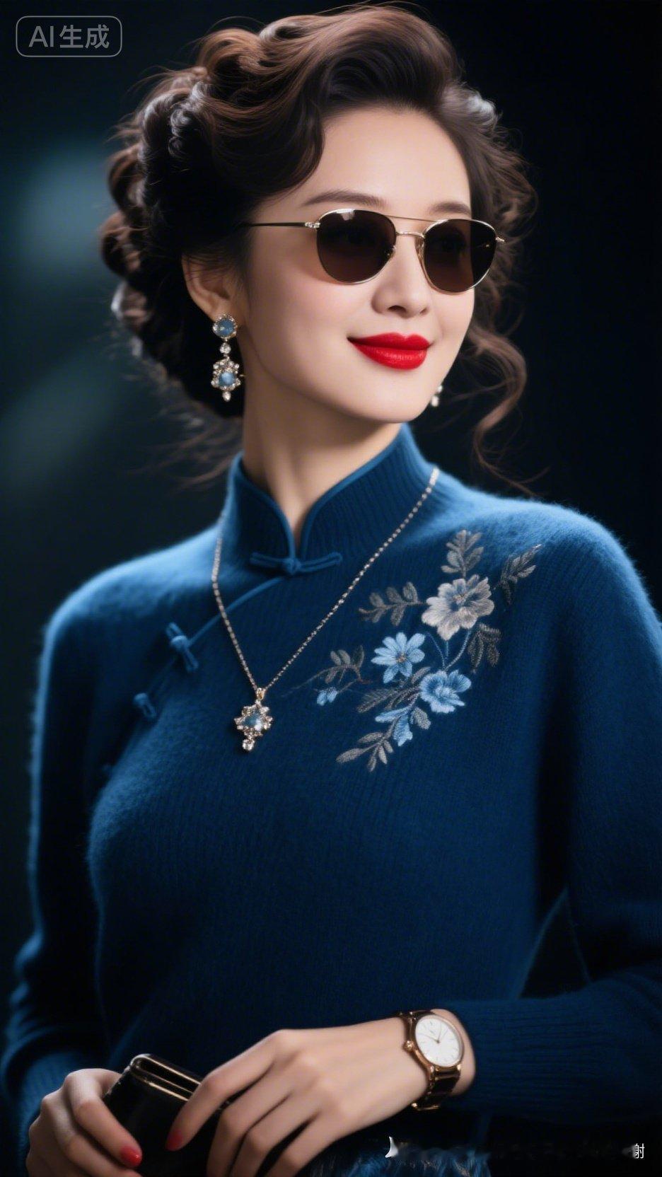 优雅复古风，蓝衣红唇，复古耳环，时尚穿搭！