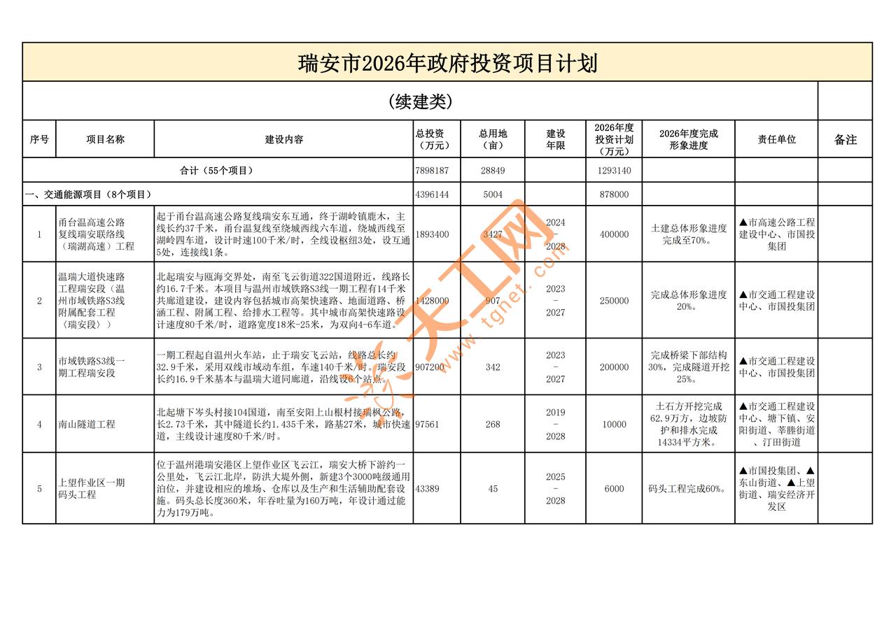 🔥瑞安人注意！瑞安 2026 年政府投资项目清单曝光，
续建类项目总投资超78