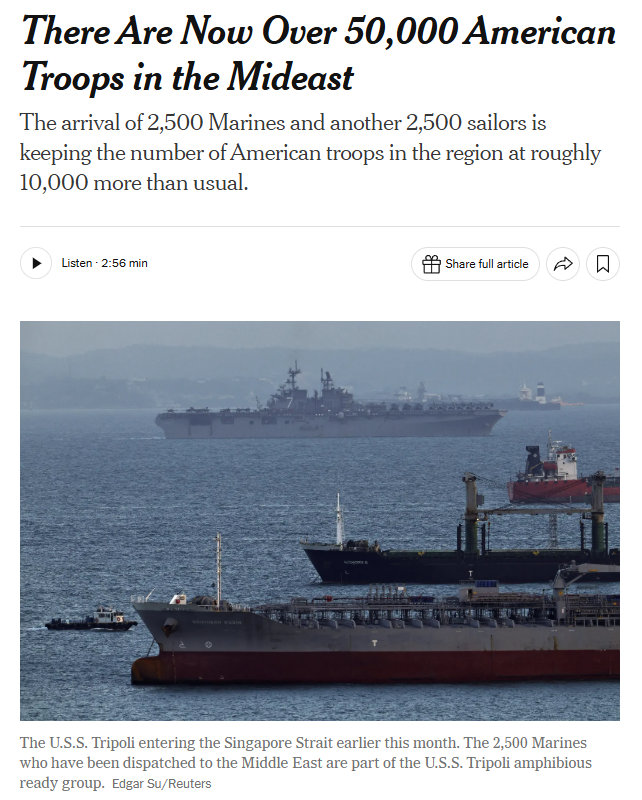 纽约时报：随着的黎波里号两栖戒备群搭载2500名海军陆战队员和2500名水手抵达