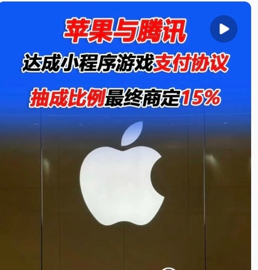 苹果从中抽取15%的分成，这一比例显著低于苹果常规的30%“苹果税”标准!双赢!