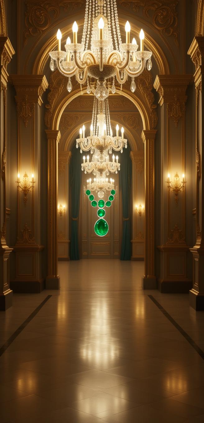 豪华走廊，水晶吊灯和绿宝石。