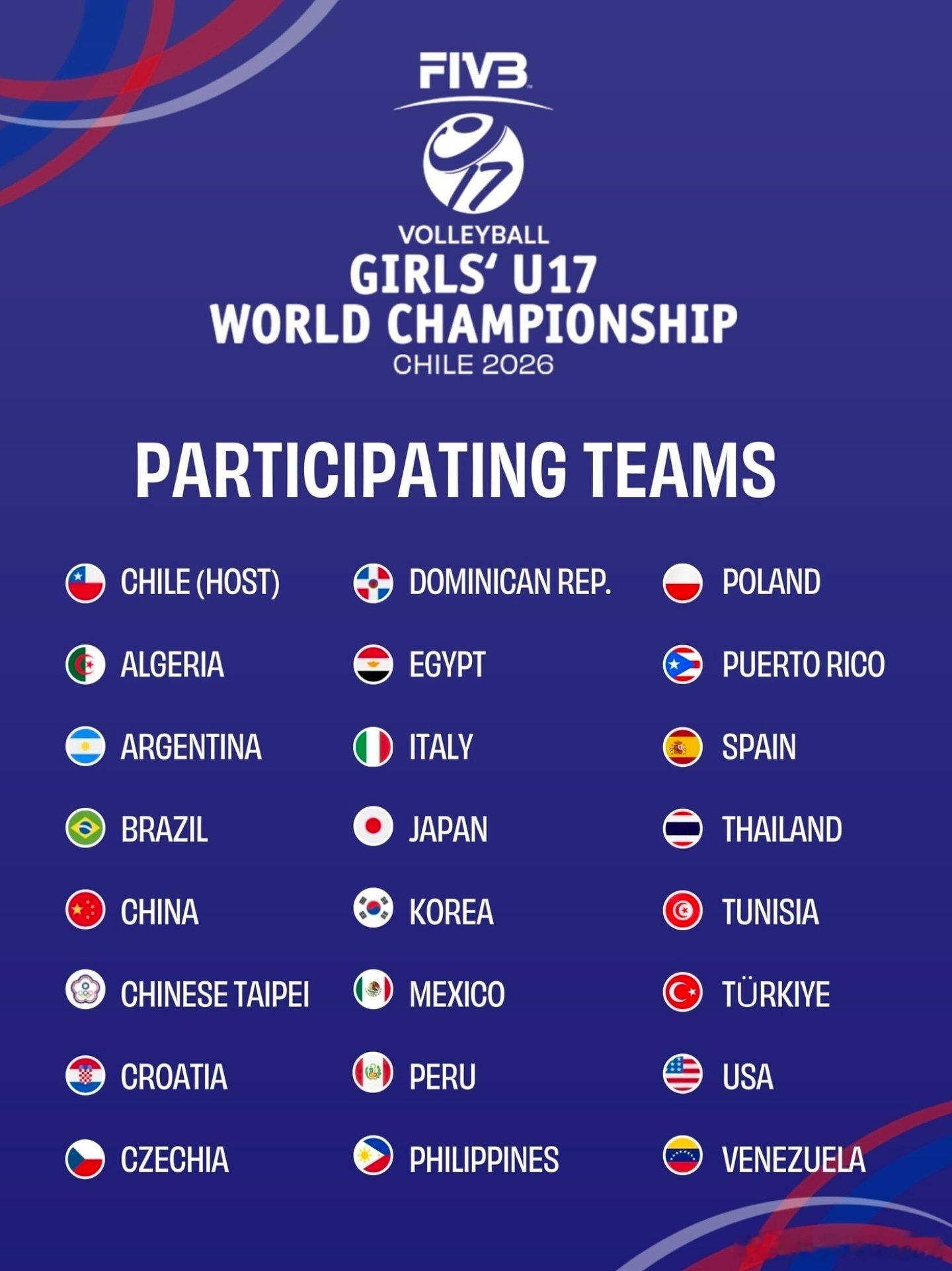 🏐 参加2026年8月6日至16日在智利举行第二届U17女排世界锦标赛的24支