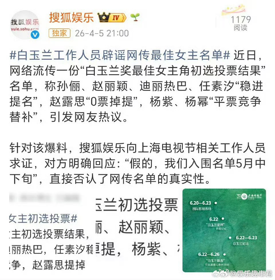 白玉兰方否认网传名单白玉兰工作人员就辟谣了，说的是名单要5月中下旬才公布。 