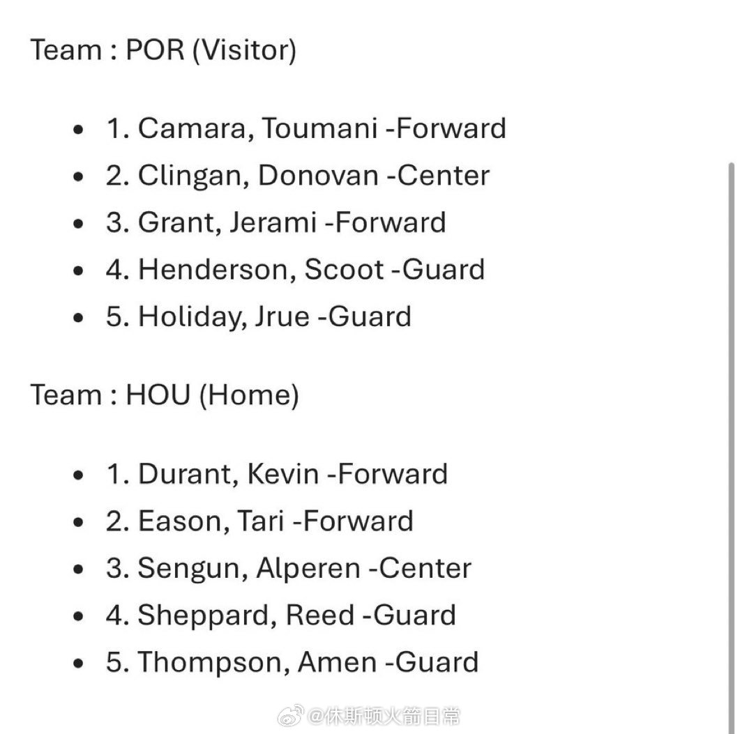 预测对了，小贾不打，谢泼德首发，开拓者这边首发：霍勒迪、亨德森、卡马拉、格兰特、