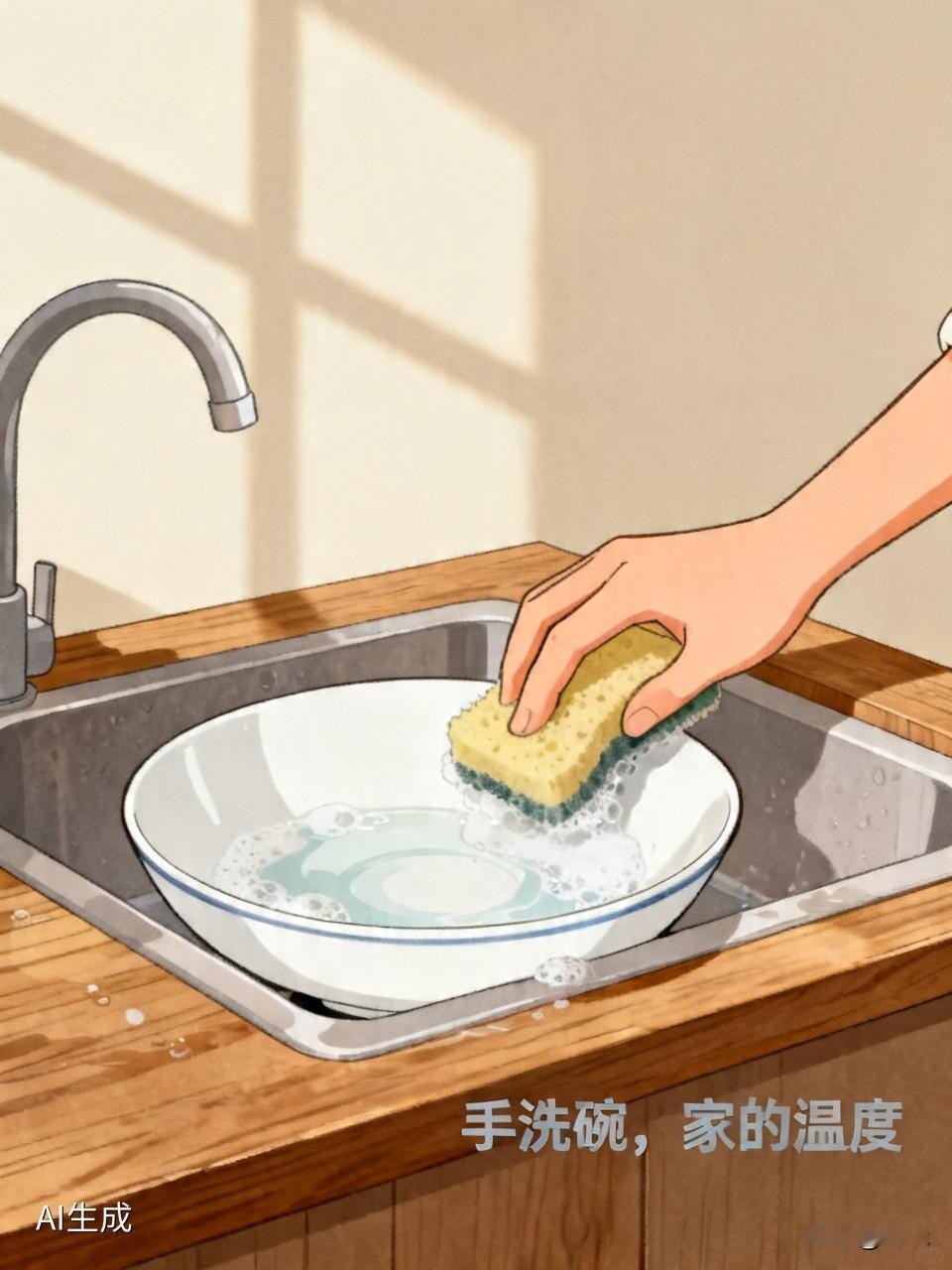 我家还没置办洗碗机，所以还是用手洗碗。
家里平时两口人吃饭，几个碗碟用手洗洗，很
