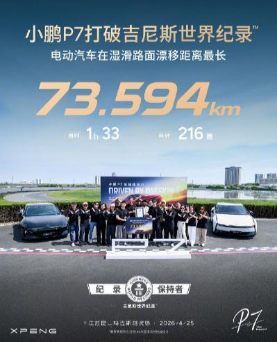 【73.594 km：小鹏 P7 打破电动汽车在湿滑路面漂移距离最长吉尼斯世界纪
