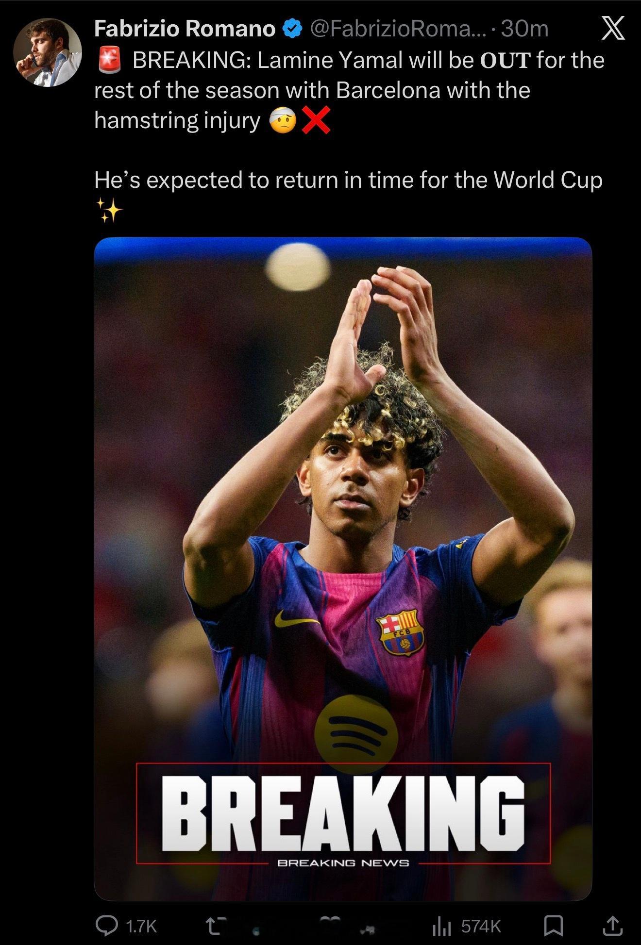 亚马尔赛季报销，期待赶上世界杯腿筋伤病，拉伤还是扭伤？ 