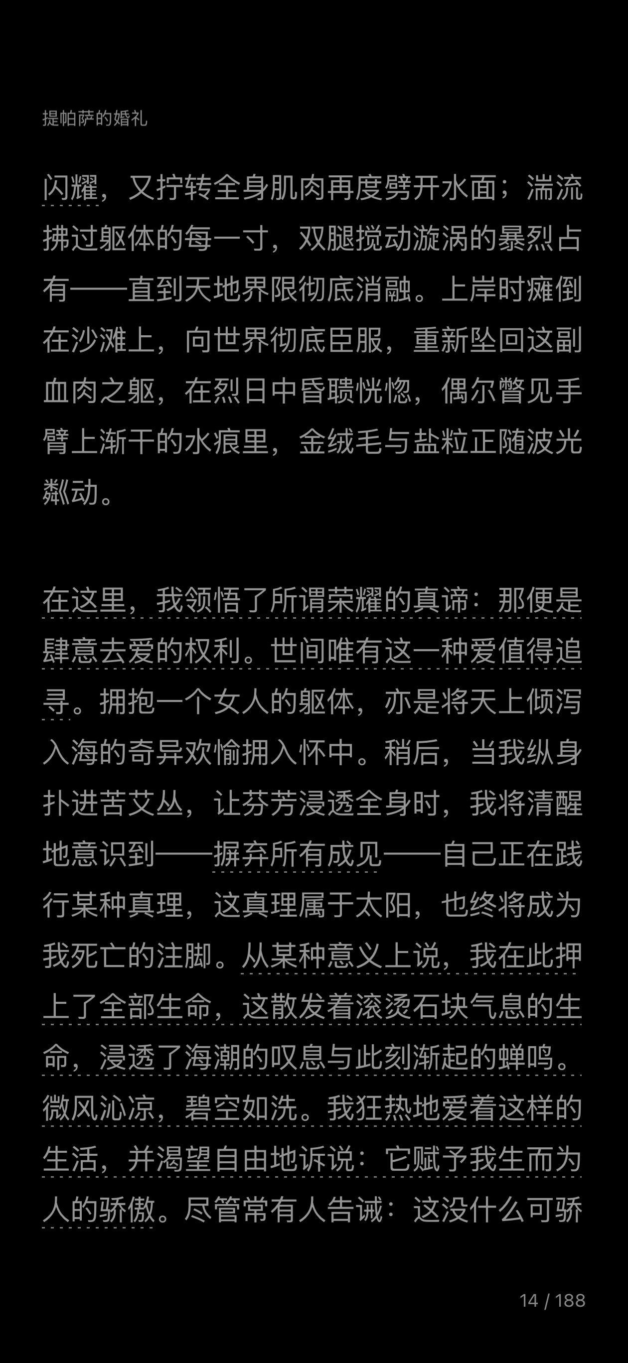 在这里，我领悟了所谓荣耀的真谛：那便是肆意去爱的权利。世间唯有这一种爱值得追寻。