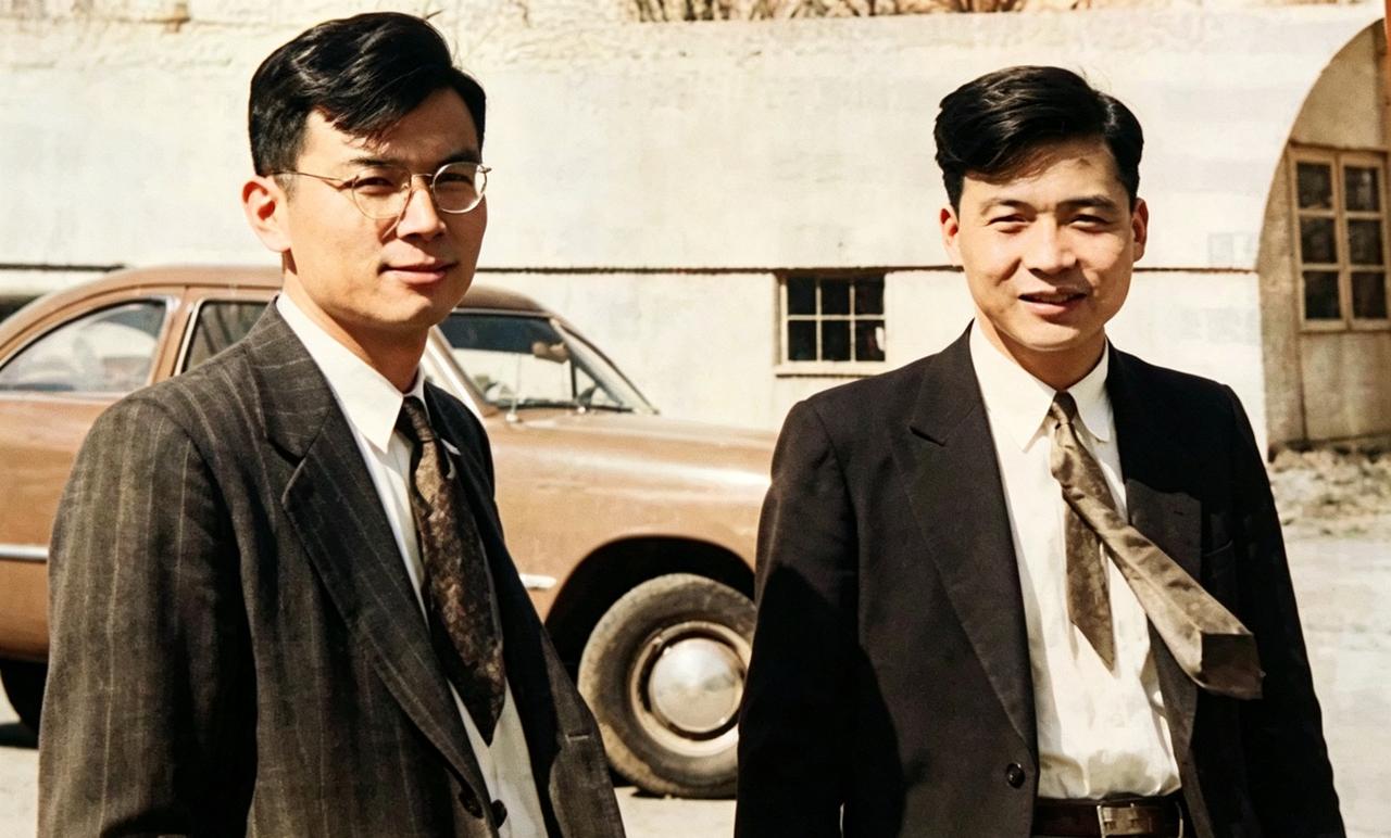 1950年，邓稼先与洪朝生在普渡大学的合影，都年轻帅气。洪朝生后来成为中国低温物
